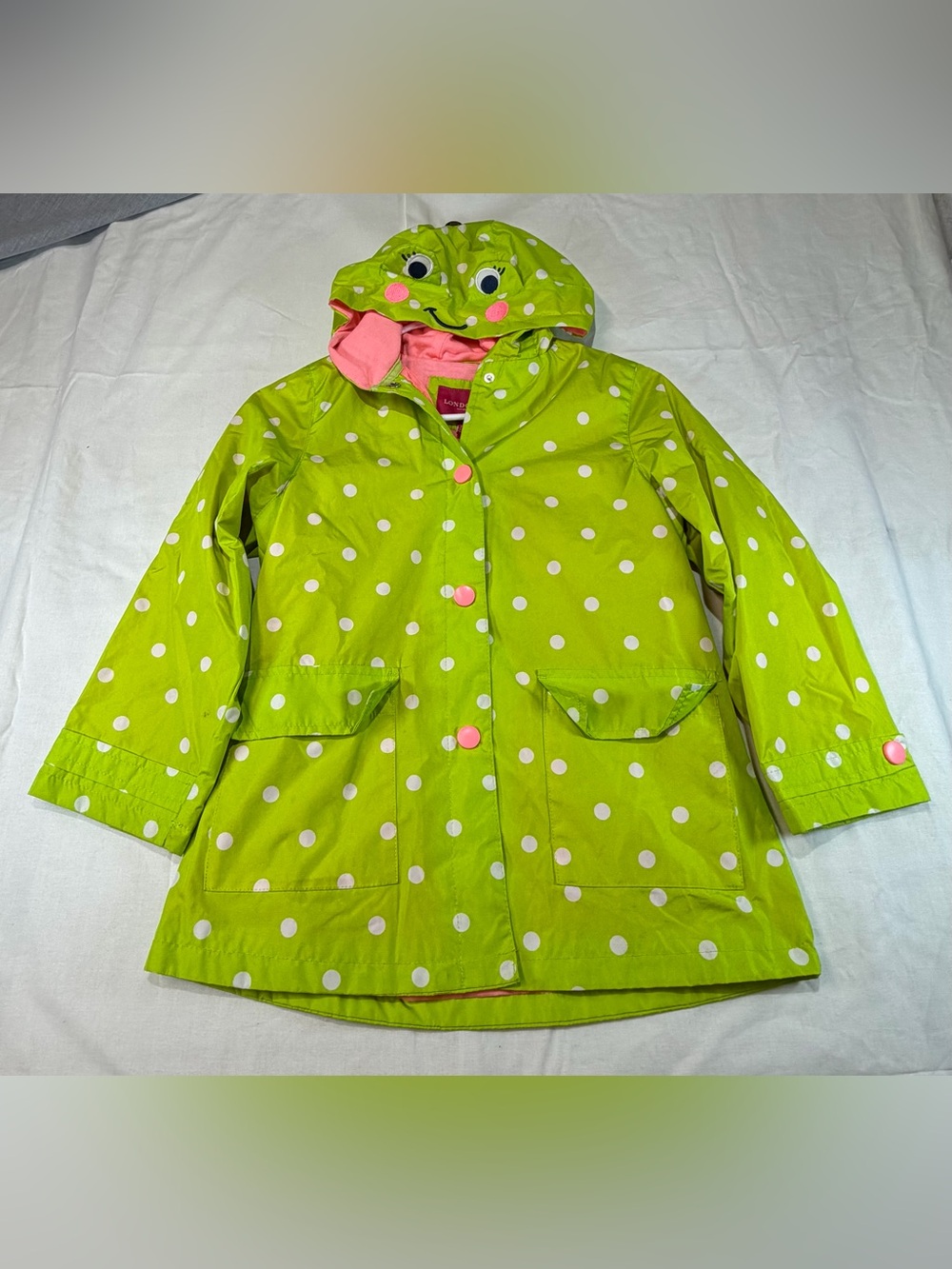 London Fog Lime Green Polka Dot Kids Raincoat with Frog Hood